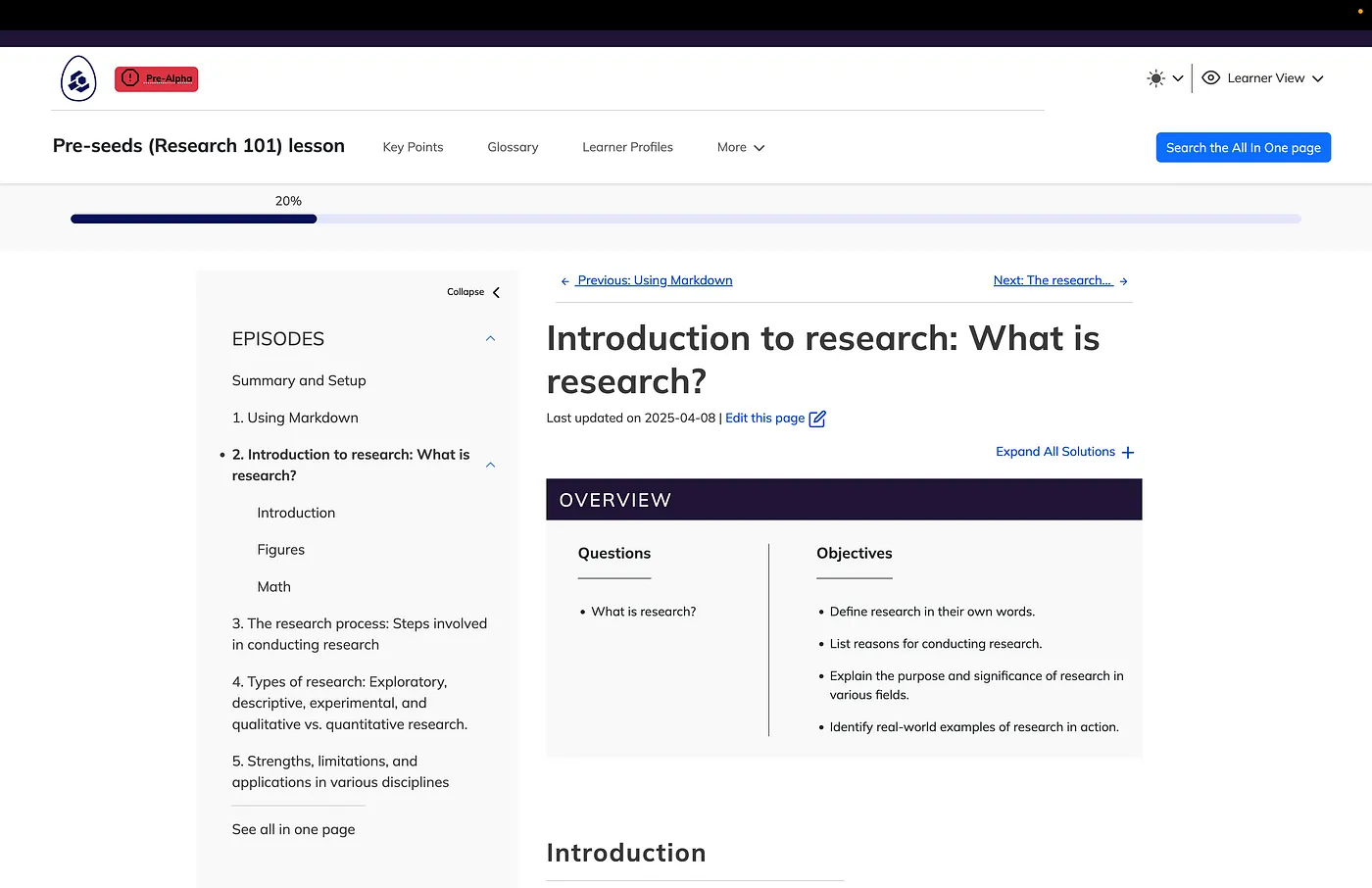 Image showing a lesson website hosted on the Carpentries Workbench. The lesson is titled “Introduction to research: What is research?” with an overview and some objectives below.