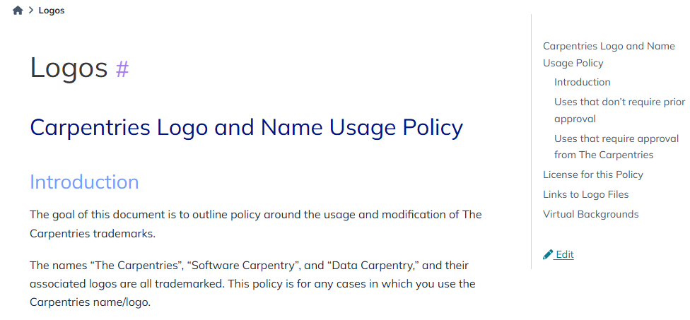 A screenshot of the handbook landing page with the logo policy.