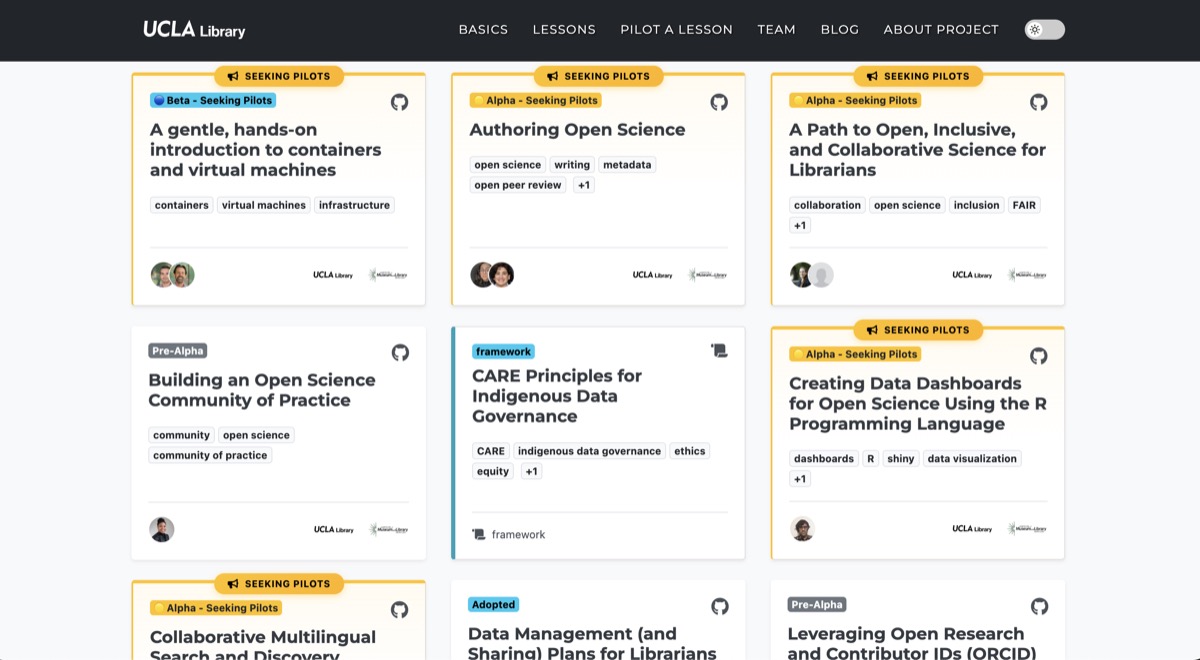 Screenshot of the Open Science Curriculum Hub showing a grid of lesson cards with titles, status badges, and topics. Lessons include containers and virtual machines, authoring open science, data dashboards, and more.